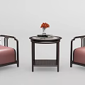 Leisure Sofa Set with Two Chairs Pink Cushions Black Frames Round Side Table Flower Vase 3d model