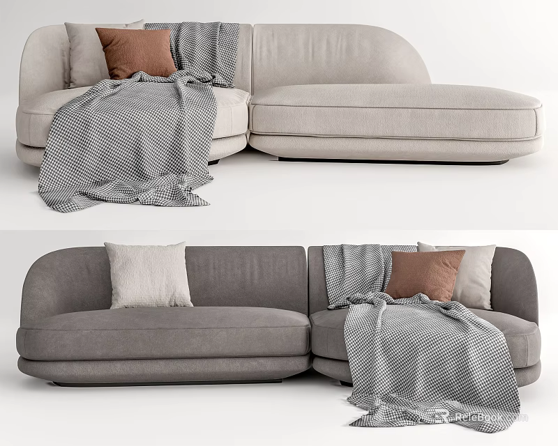 Modern Sectional Sofa in Neutral Tones with Brown White Cushions and Gray Throw Blanket 3d model 