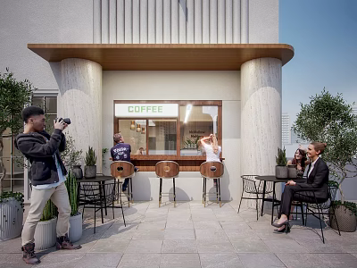 Modern Coffee Shop Storefront With Wooden Awning Marble Columns And Outdoor Seating Area 3d model