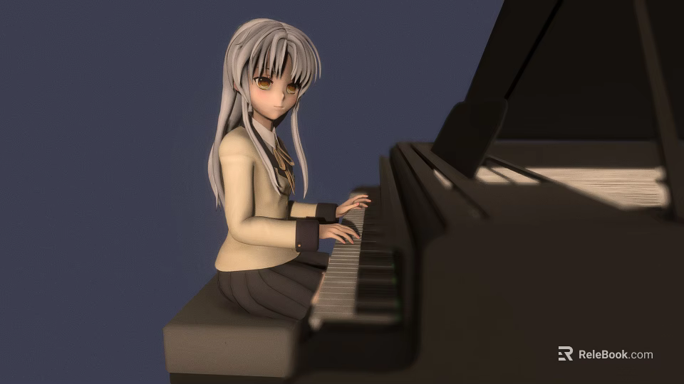 Anime Girl With White Hair And Yellow Eyes Playing Piano On Dark Blue Background 3d model 