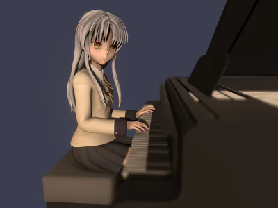 Anime Girl With White Hair And Yellow Eyes Playing Piano On Dark Blue Background 3d model