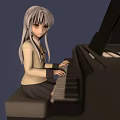Anime Girl With White Hair And Yellow Eyes Playing Piano On Dark Blue Background