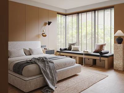 Modern Bedroom With Wooden Walls Large Windows Blinds Beige Bed Gray Throw Blanket Area Rug 3d model