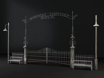 Morovian Cemetery Iron Gate With Fence Street Lamps And Benches 3d model