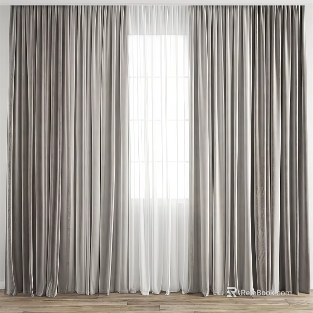 Gray Two Layer Curtains With White Sheer For Light Filtering Window Home Decor 3d model 