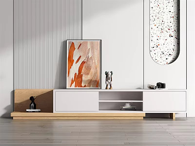 Modern White Wooden TV Stand With Open Shelves Painting Decorative Items On Striped Wall 3d model