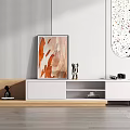 Modern White Wooden TV Stand With Open Shelves Painting Decorative Items On Striped Wall