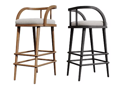 Wooden and Black Bar Stools with Curved Armrests Light Gray Seats and Tall Crossbar Design 3d model