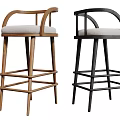 Wooden and Black Bar Stools with Curved Armrests Light Gray Seats and Tall Crossbar Design