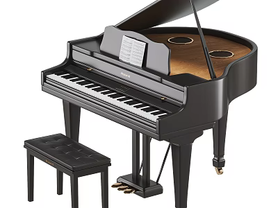 Elegant Black Grand Piano As Musical Instrument With Piano Bench And Music Sheet 3d model