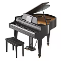 Elegant Black Grand Piano As Musical Instrument With Piano Bench And Music Sheet