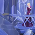 Elsa in Purple Gown Standing in Ice Castle Holding Pink Flower with Icy Blue Background