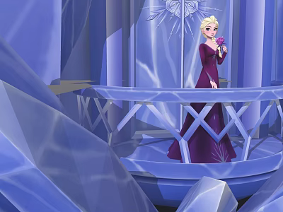 Elsa in Purple Gown Standing in Ice Castle Holding Pink Flower with Icy Blue Background 3d model