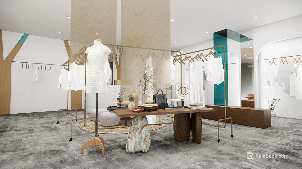 Minimalist Clothing Store Interior With White Clothes Wooden Hangers Display Tables Green Plants And Mirrors 3d model 