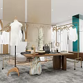 Minimalist Clothing Store Interior With White Clothes Wooden Hangers Display Tables Green Plants And Mirrors