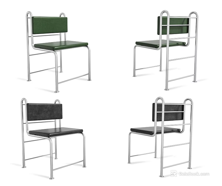 Modern Minimalist Single Chair with Metal Frame and Leather Upholstery in Green and Black 3d model 