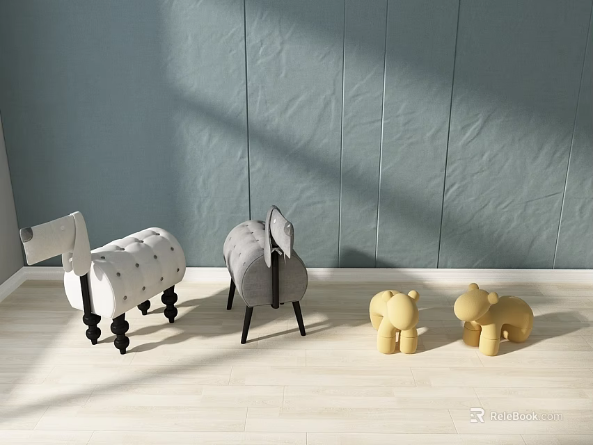 Plush Toys White Gray Horse And Yellow Bear In Bright Room With Light Wood Floor 3d model 