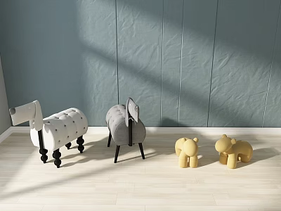 Plush Toys White Gray Horse And Yellow Bear In Bright Room With Light Wood Floor 3d model