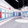 Modern Exhibition Hall Interior Design With Blue Red Display Panels Wall Graphics And Gray Floor