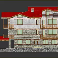 Cartoon Style Three Story Building With Red Roof Wooden Balconies Stone Walls And Solar Panels