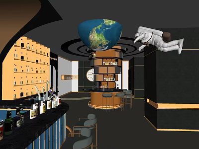 Modern Bar Interior With Bar Counter Wine Rack Globe Decoration And Chairs 3d model