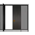 Modern Open Wooden Double Doors With Black Vertical Slats And White Frame