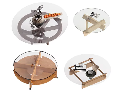 Various Round Coffee Table Designs Featuring Glass Top And Wooden Metal Frames 3d model