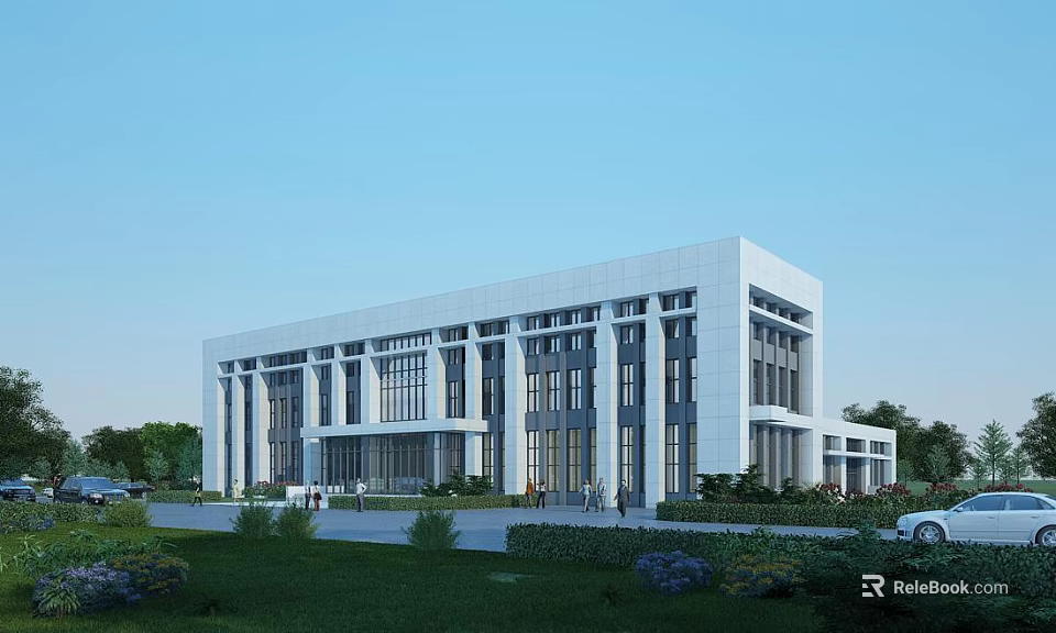 Modern White Office Building With Symmetrical Design Large Windows And Green Lawn 3d model 