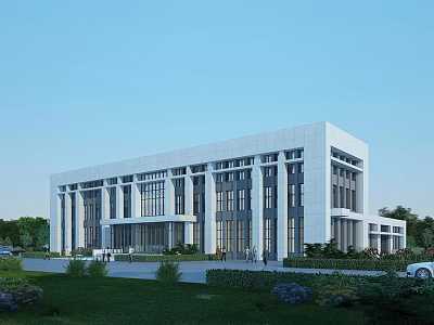 Modern White Office Building With Symmetrical Design Large Windows And Green Lawn 3d model