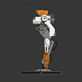 Orange And White Humanoid Robot With Red Eye Sensor Mechanical Limbs Standing On Display Platform