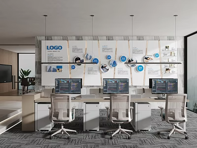 Modern Public Office Space Featuring Desks Computer Monitors Office Chairs Wall LOGO Blue Decor 3d model
