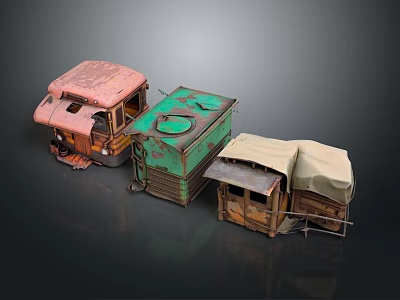 Vintage Retro Carts With Pink Green Brown Colors And Canvas Covers Open Tops 3d model