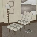 Plush Beige Single Seater Sofa With Matching Ottoman Wooden Spiral Floor Lamp And Light Area Rug