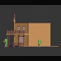 Cartoon Vintage Western Saloon Scene With Yellow Wooden Building Balcony And Cacti