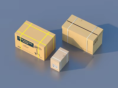 Household Items Packaging Various Sizes Cardboard Boxes With Secure Yellow Tape Fragile Label 15kg Marking 3d model