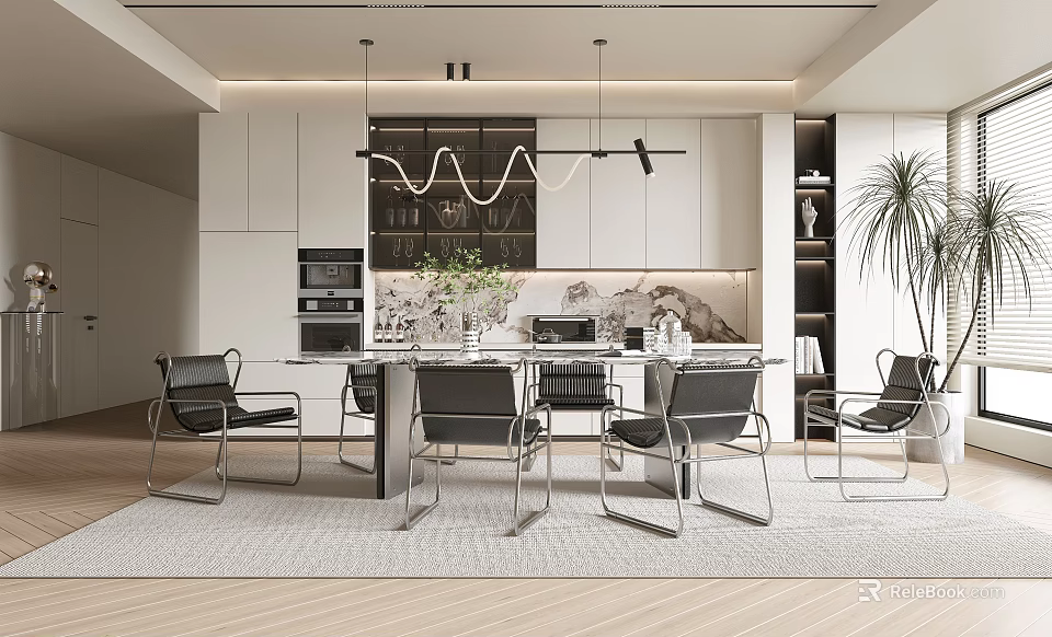 Modern Restaurant Interior Design With Pendant Lights Marble Table Chairs Cabinets And Plant 3d model 