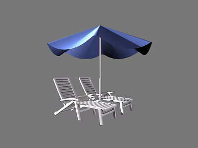 Two White Lounge Chairs With Striped Design And Blue Umbrella For Outdoor Seating 3d model