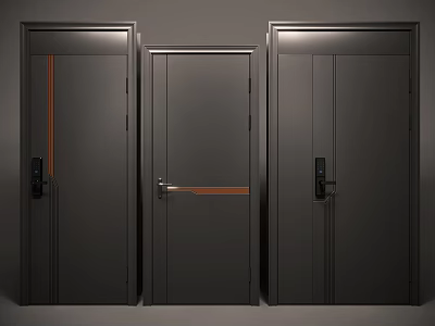 Black Security Doors In Modern Style With Brown Accent Strips Metal Handles And Secure Locks 3d model
