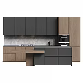 Modern Kitchen Cabinets Featuring Black Wooden Finish Dark Countertop Island And Oven
