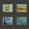 Van Gogh Oil Paintings Framed Artworks on Dark Wall with Starry Night Sunflowers and Landscapes
