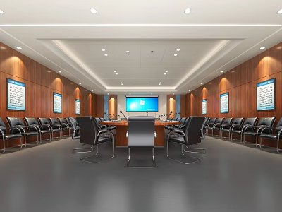 Modern Conference Room Interior With Long Table Black Chairs Wooden Walls And Front Screen 3d model