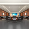 Modern Conference Room Interior With Long Table Black Chairs Wooden Walls And Front Screen