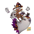 Game Anime Character In Witch Costume With Pumpkin Hat Ghosts And Black Cat