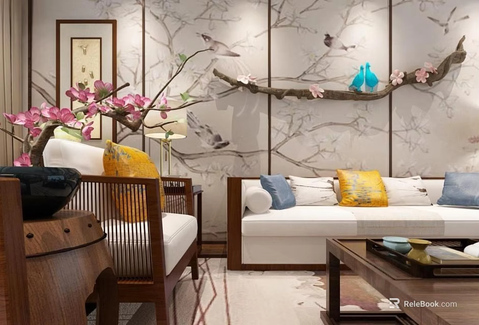 Chinese Style Sofa Coffee Table Set With Plum Blossom Wall Art And Decorative Pillows 3d model 