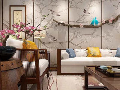 Chinese Style Sofa Coffee Table Set With Plum Blossom Wall Art And Decorative Pillows 3d model