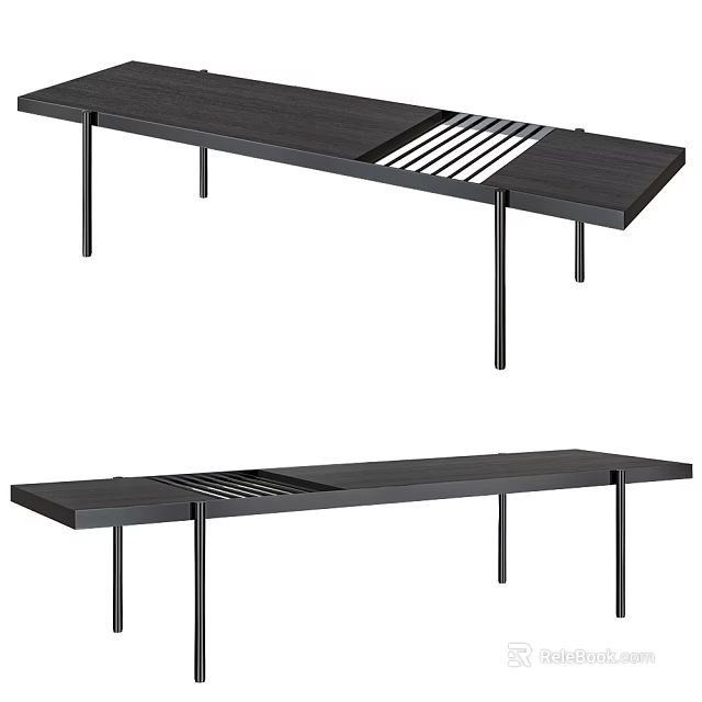 Modern Black Wooden Footstool With Long Design Striped Panel And Thin Metal Legs 3d model 