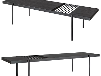 Modern Black Wooden Footstool With Long Design Striped Panel And Thin Metal Legs 3d model