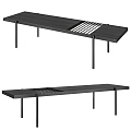 Modern Black Wooden Footstool With Long Design Striped Panel And Thin Metal Legs