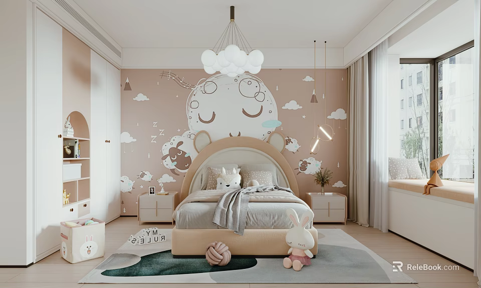 Cozy Kids Bedroom With Pastel Colors Cartoon Mural And Plush Toys 3d model 