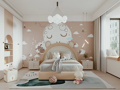 Cozy Kids Bedroom With Pastel Colors Cartoon Mural And Plush Toys 3d model
